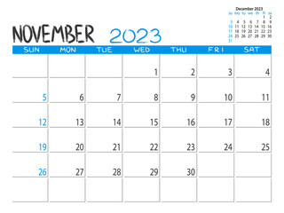 Calendar 2023 year. November 2023 planner. Desctop calendar design. 2023 month planner. Life or business planner. Place for notes. Printable template.