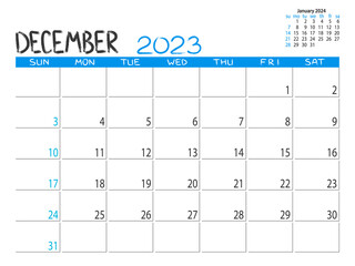 Calendar 2023 year. December 2023 planner. Desctop calendar design. 2023 month planner. Life or business planner. Place for notes. Printable template.