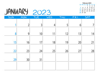 Calendar 2023 year. January 2023 planner. Desctop calendar design. 2023 month planner. Life or business planning. Place for notes. Printable template.