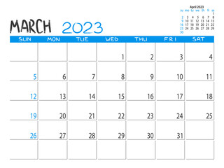 Calendar 2023 year. March 2023 planner. Desctop calendar design. 2023 month planner. Life or business planner. Place for notes. Printable template.