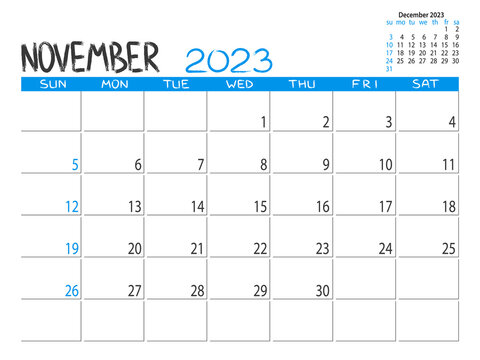 Calendar 2023 year. November 2023 planner. Desctop calendar design. 2023 month planner. Life or business planner. Place for notes. Printable template.