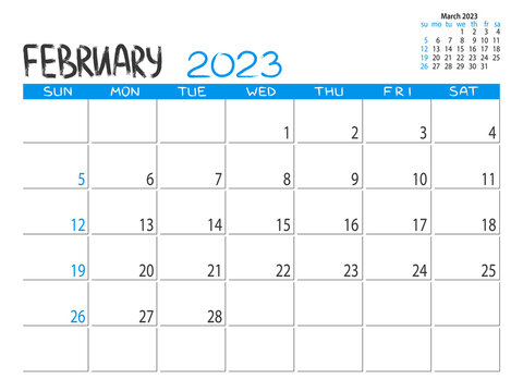 Calendar 2023 year. February 2023 planner. Desctop calendar design. 2023 month planner. Life or business planning. Place for notes. Printable template.