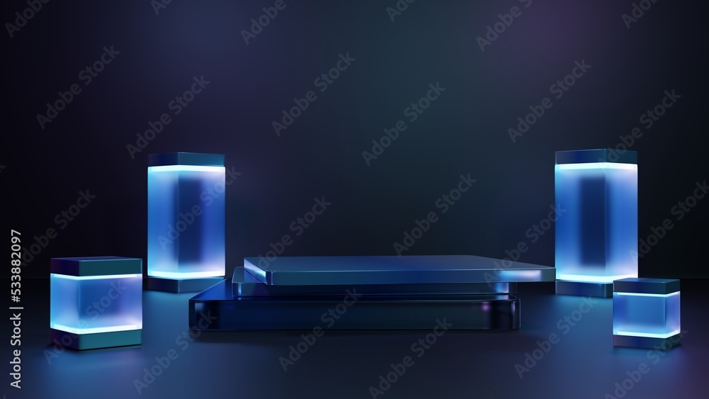 Poster 3d render mock up podium for product presentation, blue background blue pastel. stand in cloud produ