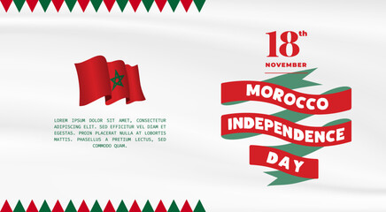 Banner illustration of Morocco independence day celebration with text space. Waving flag and hands clenched. Vector illustration.