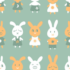 Cartoon style cute bunny seamless pattern. Perfect childish print for tee, textile and fabric. Hand drawn vector illustration for decor and design.