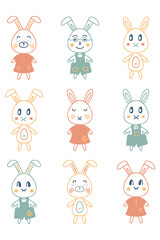 Obraz premium Cartoon style childish bunny doodle collection. Perfect set for T-shirt, logo, stickers and print. Isolated vector illustration for decor and design.