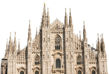 Facade of the Duomo di Milano isolated on transparent background (Milan Cathedral 1418-1577). Church, monument symbol of Lombardy, Italy, Europe. Photography, png. - obrazy, fototapety, plakaty