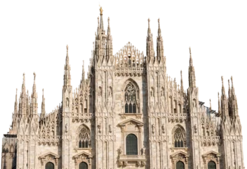 Deurstickers Milaan Gevel van de Duomo di Milano geïsoleerd op transparante achtergrond (Milaan kathedraal 1418-1577). Kerk, monumentensymbool van Lombardije, Italië, Europa. Fotografie, png.