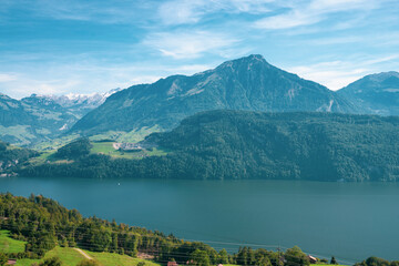 Fototapeta na wymiar Mount Pilatus and the valley station in Alpnachstad and lucern lie in the heart of Switzerland and are very well connected. They are conveniently reached by car, train or boat trip.