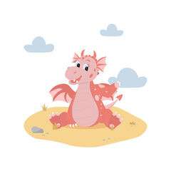 Red cartoon dragon sitting on sand. Cute character in flat style. Vector illustration on white background with clouds.
