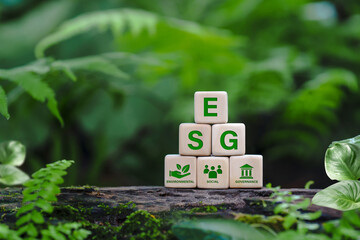 ESG concept of environmental, social and governance.words ESG on a woodblock It is an idea for...