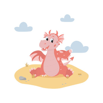 Red cartoon dragon sitting on sand. Cute character in flat style. Vector illustration on white background with clouds.