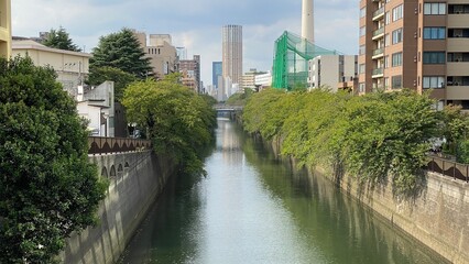 Meguro river in Meguro district, Tokyo urban city view year 2022