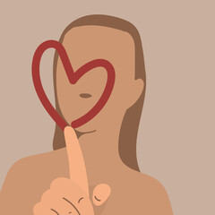 Woman draws heart on glass shower door, washing her body.