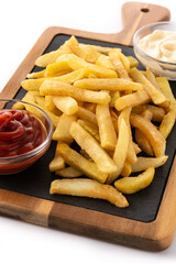Fried potatoes with ketchup and Mayonnaise isolated on white background