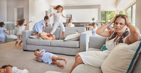 Stress, headache and mother with adhd kids running, jumping and playing in family home or house...
