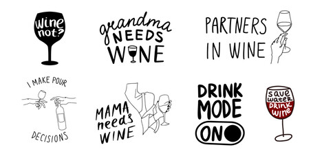 funny quotes set about wine, hand-drawn lettering for print, t-shirt, mug on white background