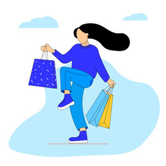 A girl in a dark blue dress with clouds in a flat style is returning from shopping. Flat style illustration