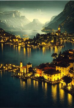 a landscape of a city at night at a lake