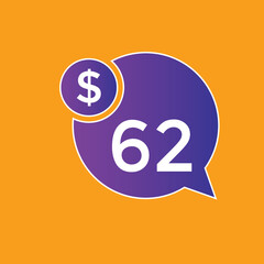 62 dollar price tag. Price $62 USD dollar only Sticker sale promotion Design. shop now button for Business or shopping promotion

