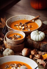 pumpkin soup tomato soup carrot soup orange soup in a bowl illustration mushroom soup autumn pumkins leaves basil herbs pott