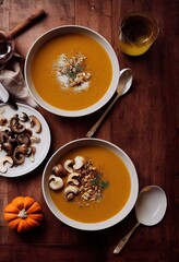 pumpkin soup tomato soup carrot soup orange soup in a bowl illustration mushroom soup autumn pumkins leaves basil herbs pott