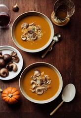 pumpkin soup tomato soup carrot soup orange soup in a bowl illustration mushroom soup autumn pumkins leaves basil herbs pott