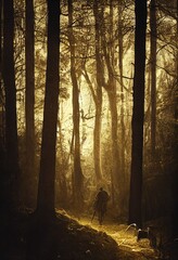 dark spooky forest trees drawing illustration misty moody foggy aumumn forest with soft light