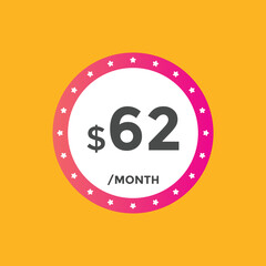 62 dollar price tag. 62$ dollar USD price symbol. price 62 Dollar sale banner in USD. Business or shopping promotion marketing concept
