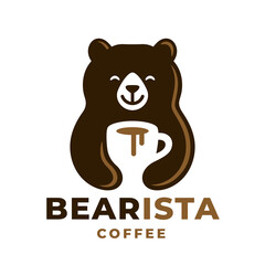 Coffee cup bear logo. Brown bear barista with coffee mug icon. Negative space hot drink symbol. Animal cafe latte emblem. Vector illustration.