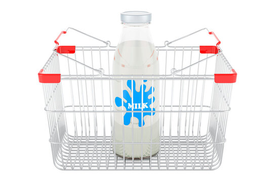 Glass milk bottle inside shopping basket. 3D rendering