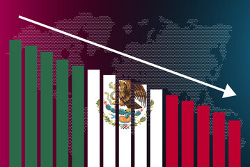 Mexico bar chart graph, decreasing values, crisis and downgrade concept, news banner idea, fail and decrease