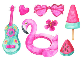 Turquoise ukulele, pink heart-shaped goggles, flamingo swim ring, watermelon and delicious ice cream.