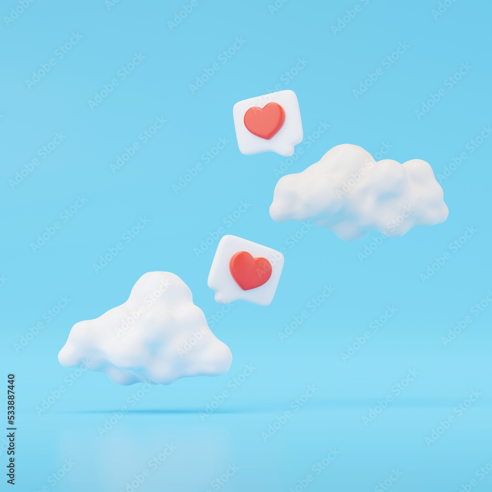 Aufkleber 3d render of heart in speech bubble and white cloud isolated on blue.