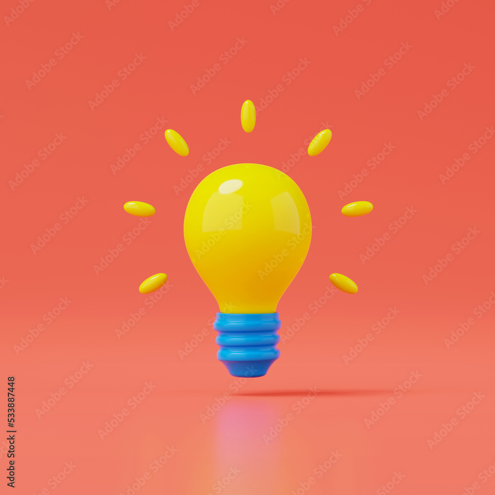 Poster 3d render of lightbulb isolated on red background.