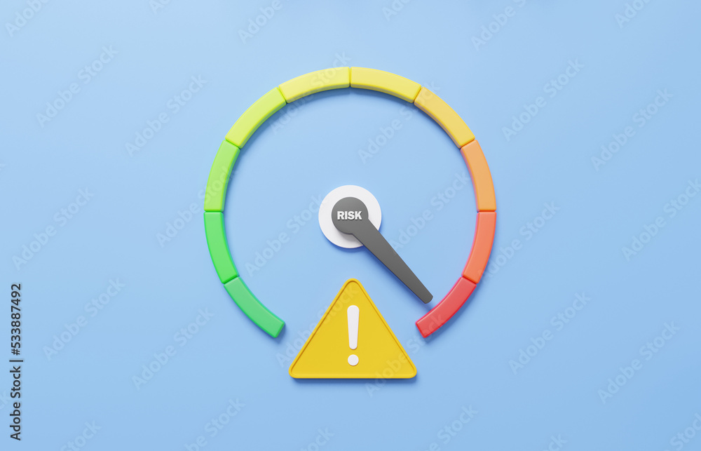 Poster risk levels speedometer icon with triangle warning on blue pastel background arrow point scale speed