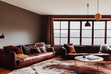 Interior design, living room in autumn colours, digital art