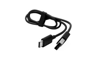 Black USB cable with plugs type A and type C at the edges on a white background