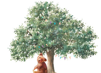 Watercolor baby birthday card. Woodland kids illustration with forest tree and baby bear. Cute wildlife design