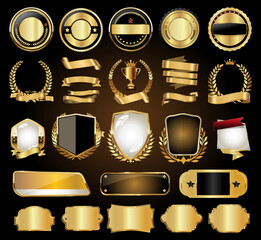 Collection of Golden badges labels laurels shield and metal plates 