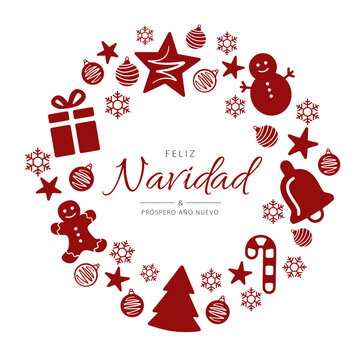 Spanish text: Feliz Navidad y próspero año nuevo. Merry Christmas and Happy New Year. Vector. Cartoon
