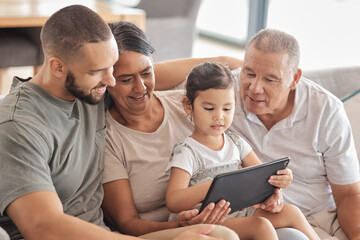 Relax, happy and tablet with family on sofa with girl for education, streaming service and movies. Digital, communication and learning with child in living room with grandparents and dad online