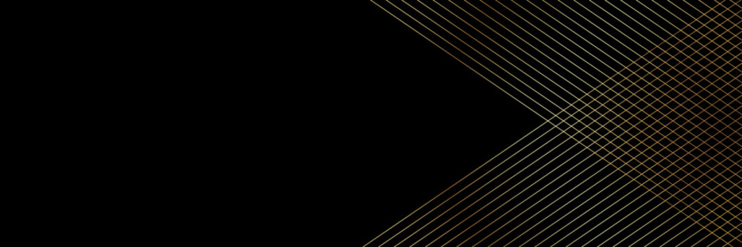 Luxury strips shiny golden lines diagonal overlap on black background with copy space for text. Minimalist dark premium abstract backdrop with gradient geometric element. Horizontal panoramic template