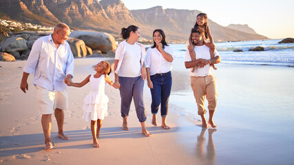 Generation big family walking beach in summer vacation, travel and freedom in South Africa. Happy, smile and carefree grandparents, parents and kids relax, bond and enjoy funny sunny holiday together - Powered by Adobe