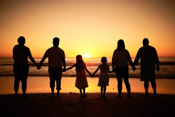 Fototapeta na wymiar Big family silhouette on beach with sea waves, sunset on the horizon and holding hands for development wellness, support and love. Children and group of people watch ocean on dark, orange sky mockup
