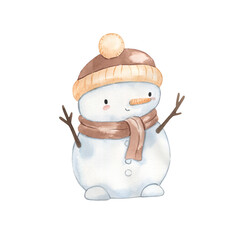 Watercolor snowman with gift illustration for kids