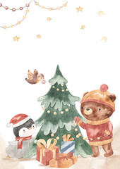 watercolor Christmas template for nursery, baby shower, invitation for birthday party