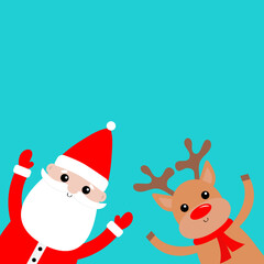 Santa Claus Deer Raindeer holding hands up. Peeking from corner. Merry Christmas. Red hat, costume, round beard. Cute cartoon kawaii funny baby character. New Year. Greeting card. Blue background.