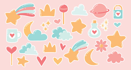 Cute set of elements. Elements for design. Heart, stars, clouds, lollipops, moon, planet, shooting star. Cartoon style. Vector illustration.A set of cute stickers.