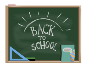 Green chalkboard with school accessories and Back to school wording